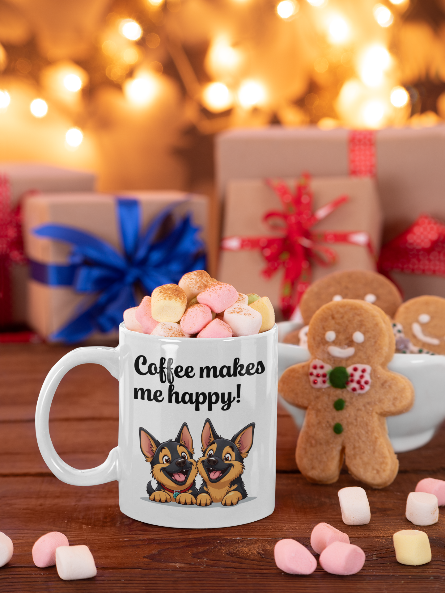 2 happy German Shepherd puppies Coffee makes me happy mug All Caffeine Christmas gift Coffee Time Dog Dog Lover Dog Owner German Shepherd gift for mom gift for wife Java Mocha Police Dog Shepherd stocking stuffer