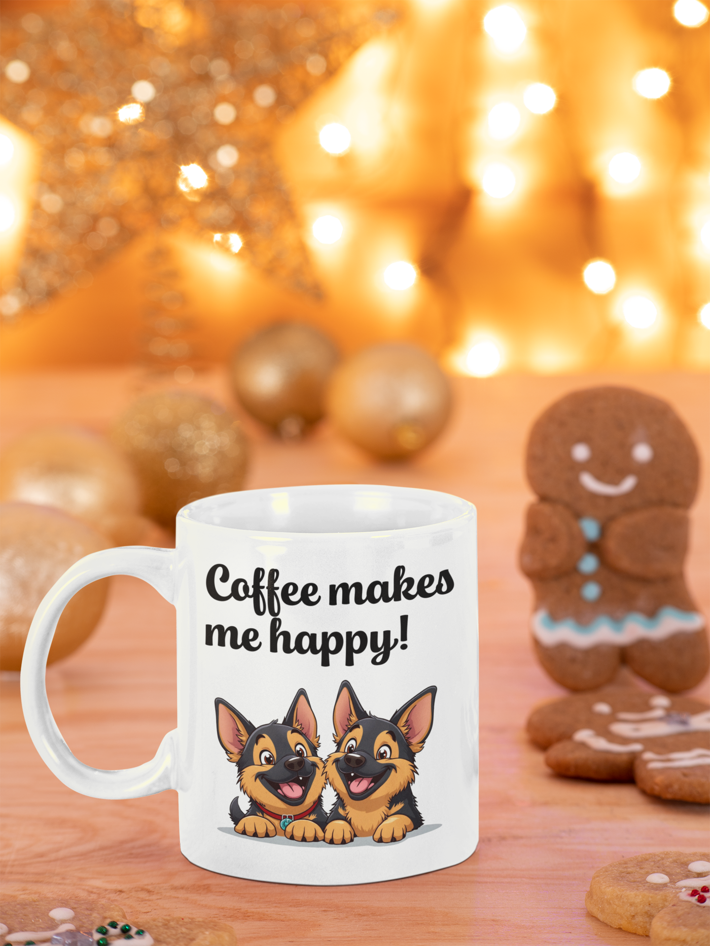 2 happy German Shepherd puppies Coffee makes me happy mug All Caffeine Christmas gift Coffee Time Dog Dog Lover Dog Owner German Shepherd gift for mom gift for wife Java Mocha Police Dog Shepherd stocking stuffer