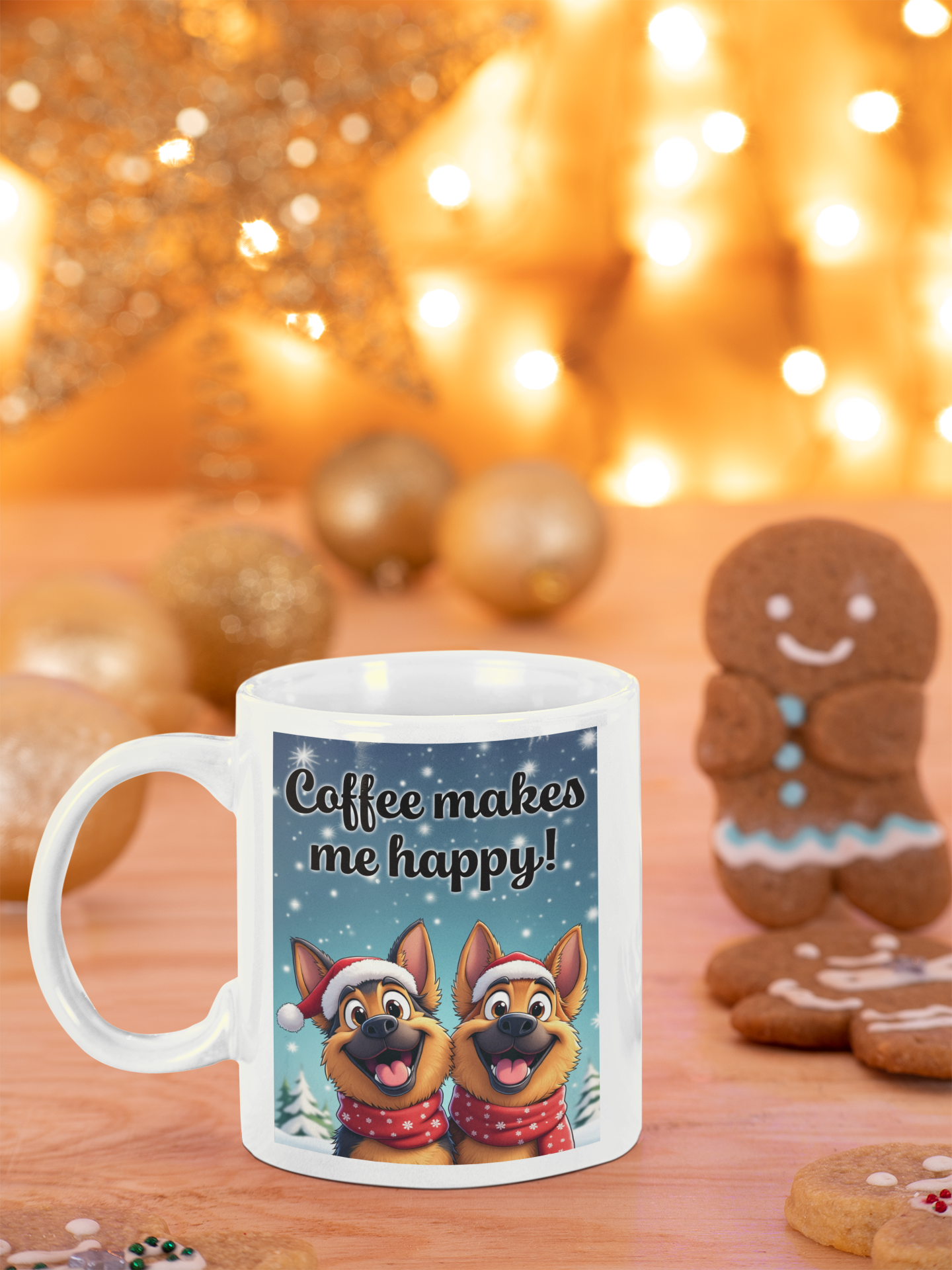 2 happy German Shepherd dogs Coffee makes me happy mug Christmas Edition All Caffeine Christmas gift Coffee Time Dog Dog Lover Dog Owner German Shepherd gift for mom gift for wife Java Mocha Police Dog Shepherd stocking stuffer