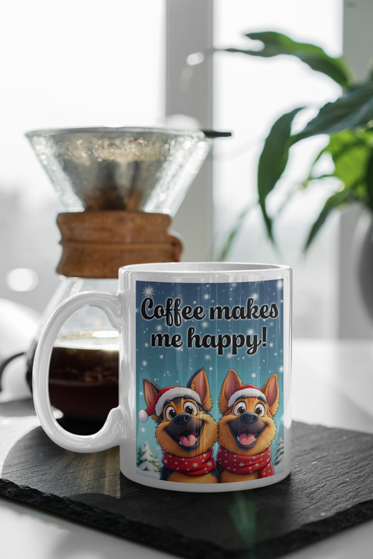 2 happy German Shepherd dogs Coffee makes me happy mug Christmas Edition All Caffeine Christmas gift Coffee Time Dog Dog Lover Dog Owner German Shepherd gift for mom gift for wife Java Mocha Police Dog Shepherd stocking stuffer