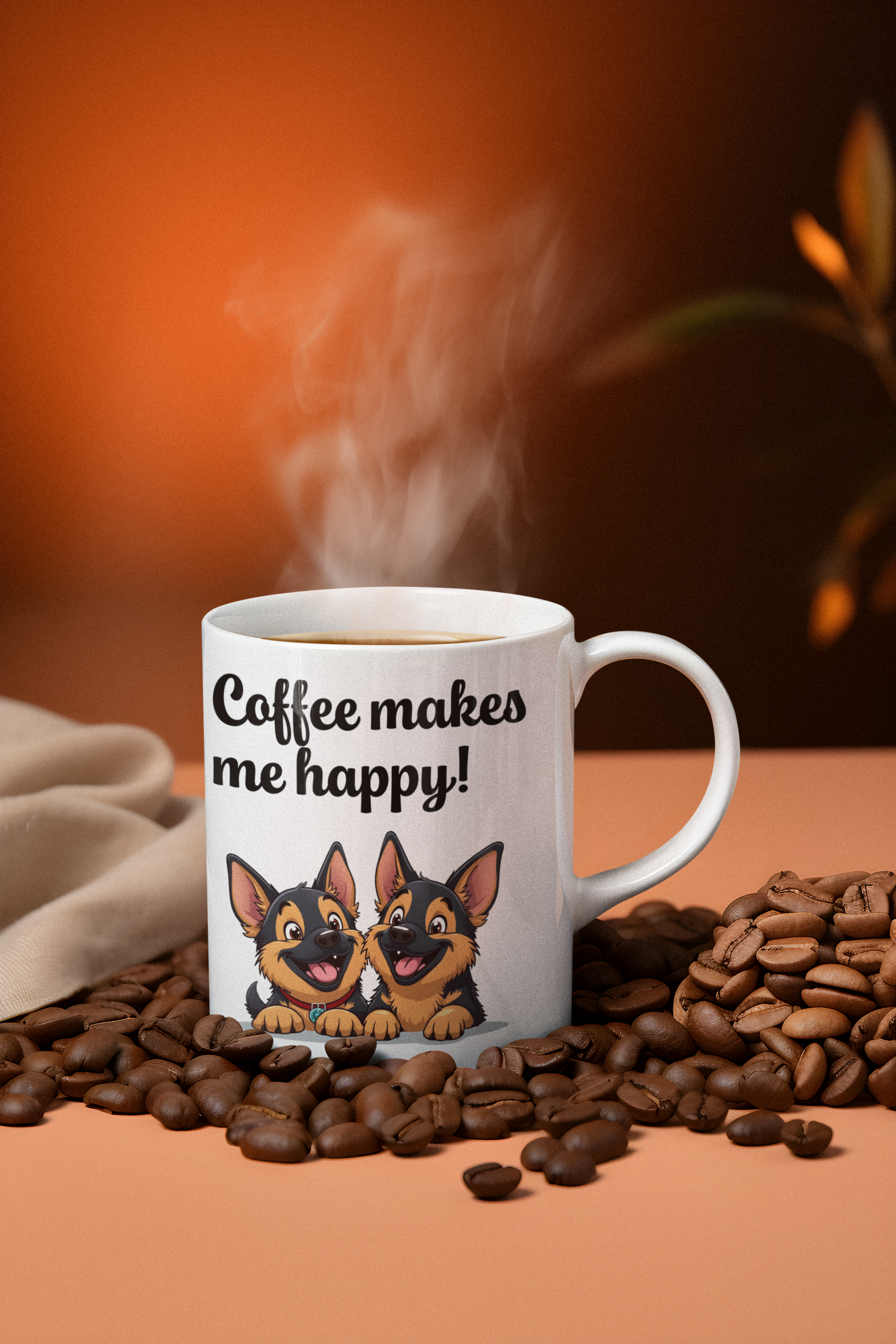 2 happy German Shepherd puppies Coffee makes me happy mug All Caffeine Christmas gift Coffee Time Dog Dog Lover Dog Owner German Shepherd gift for mom gift for wife Java Mocha Police Dog Shepherd stocking stuffer