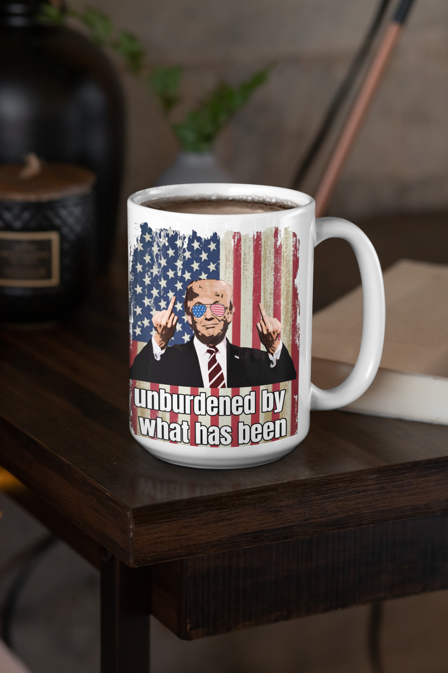 Unburdened by what has been white glossy mug Caffeine Coffee Time decaf Donald Trump Java maga Trump Trump 2024