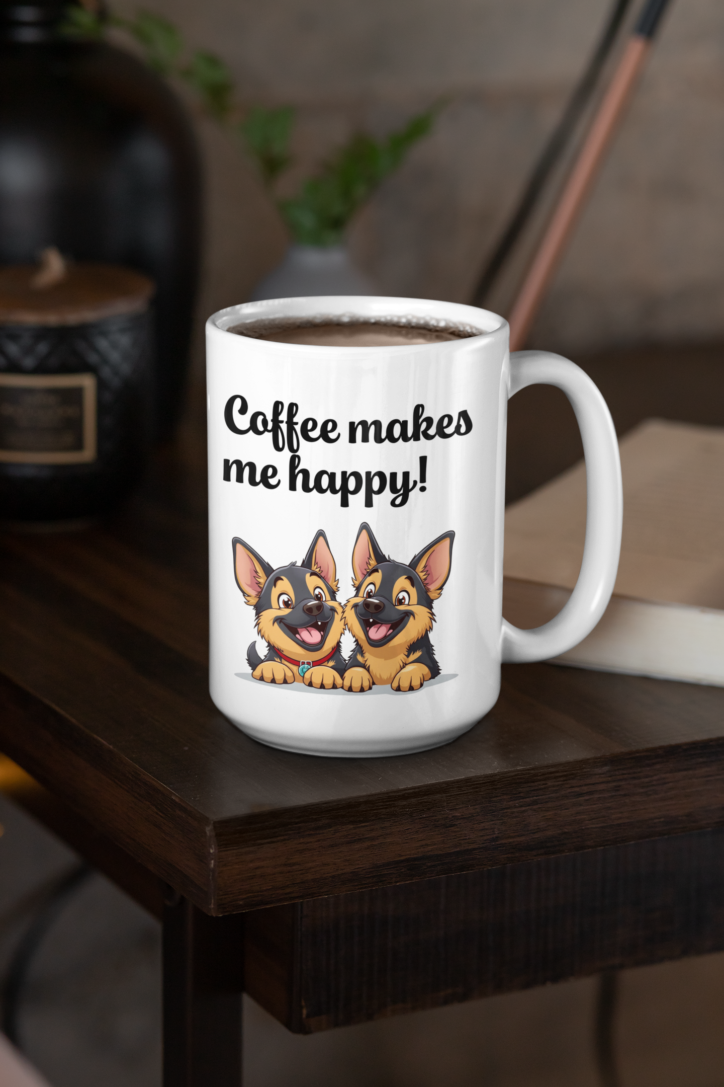 2 happy German Shepherd puppies Coffee makes me happy mug All Caffeine Christmas gift Coffee Time Dog Dog Lover Dog Owner German Shepherd gift for mom gift for wife Java Mocha Police Dog Shepherd stocking stuffer