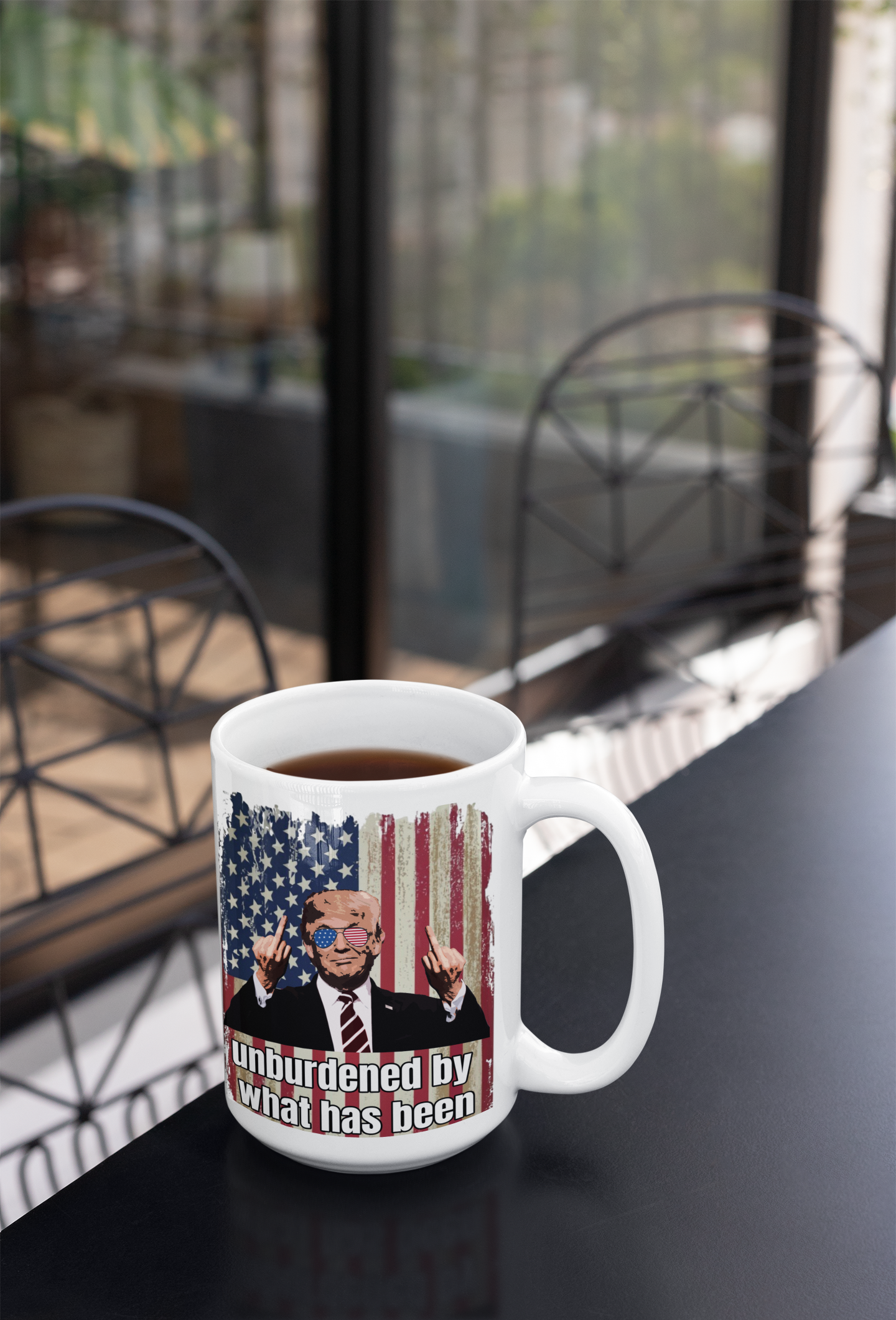 Unburdened by what has been white glossy mug Caffeine Coffee Time decaf Donald Trump Java maga Trump Trump 2024