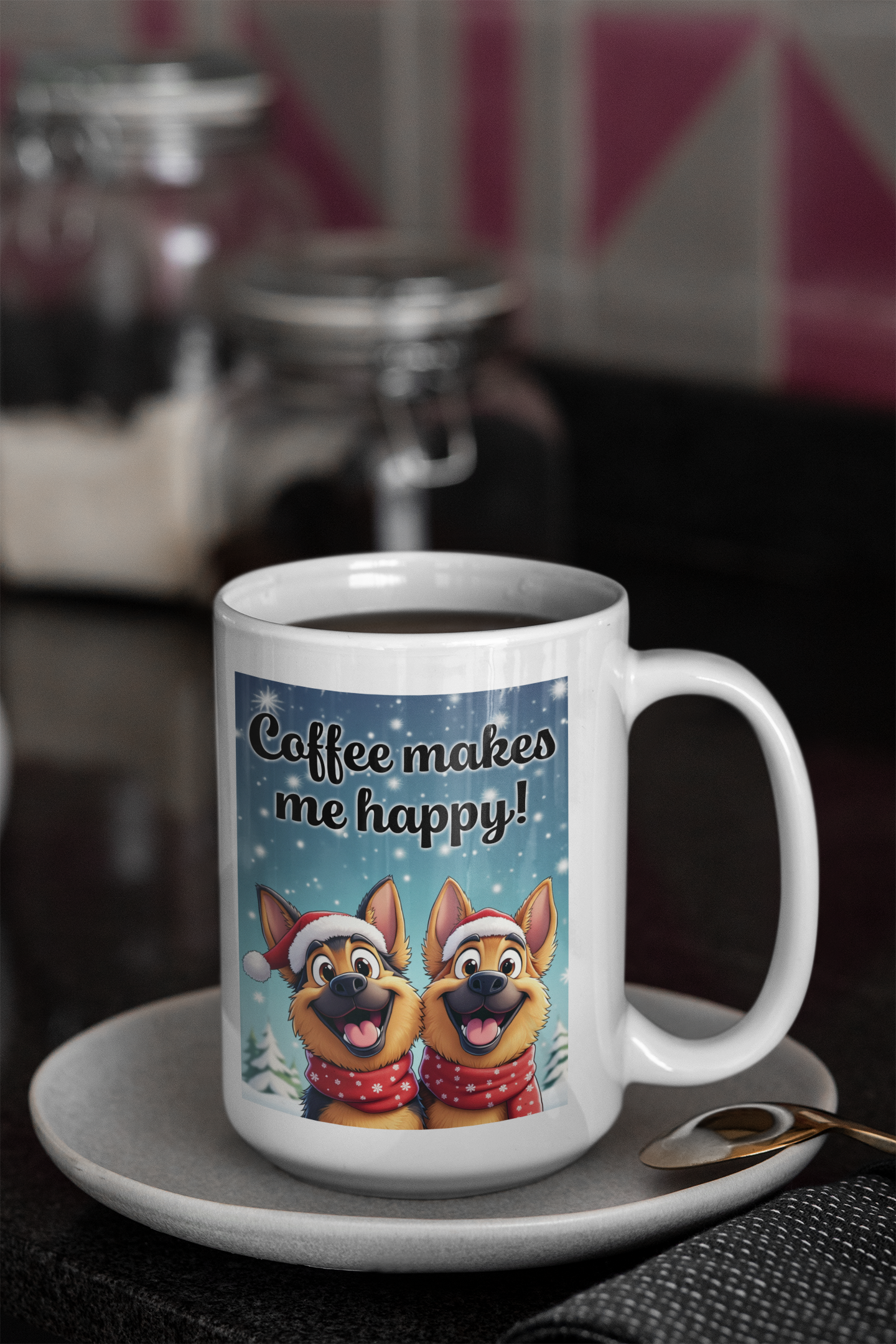 2 happy German Shepherd dogs Coffee makes me happy mug Christmas Edition All Caffeine Christmas gift Coffee Time Dog Dog Lover Dog Owner German Shepherd gift for mom gift for wife Java Mocha Police Dog Shepherd stocking stuffer