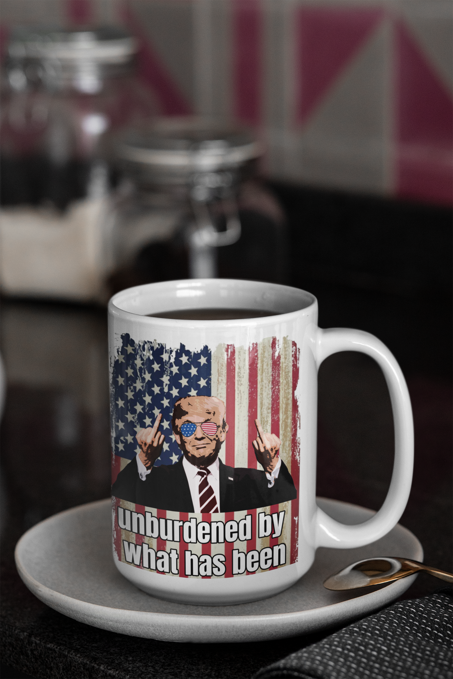 Unburdened by what has been white glossy mug Caffeine Coffee Time decaf Donald Trump Java maga Trump Trump 2024