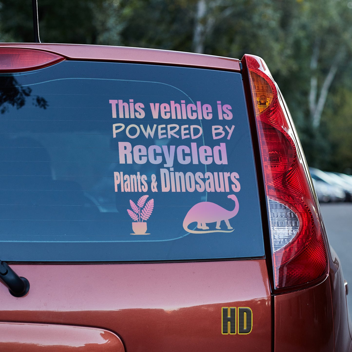 This vehicle is powered by recycled plants and dinosaurs Vinyl decal Anti-EV decal stickers Decals for cars Decals for Trucks decals for tumblers dinosaur dinosaurs EV Green vehicle minivan sticker recycle SUV decals tesla truck decals window decal car Window decals window decor