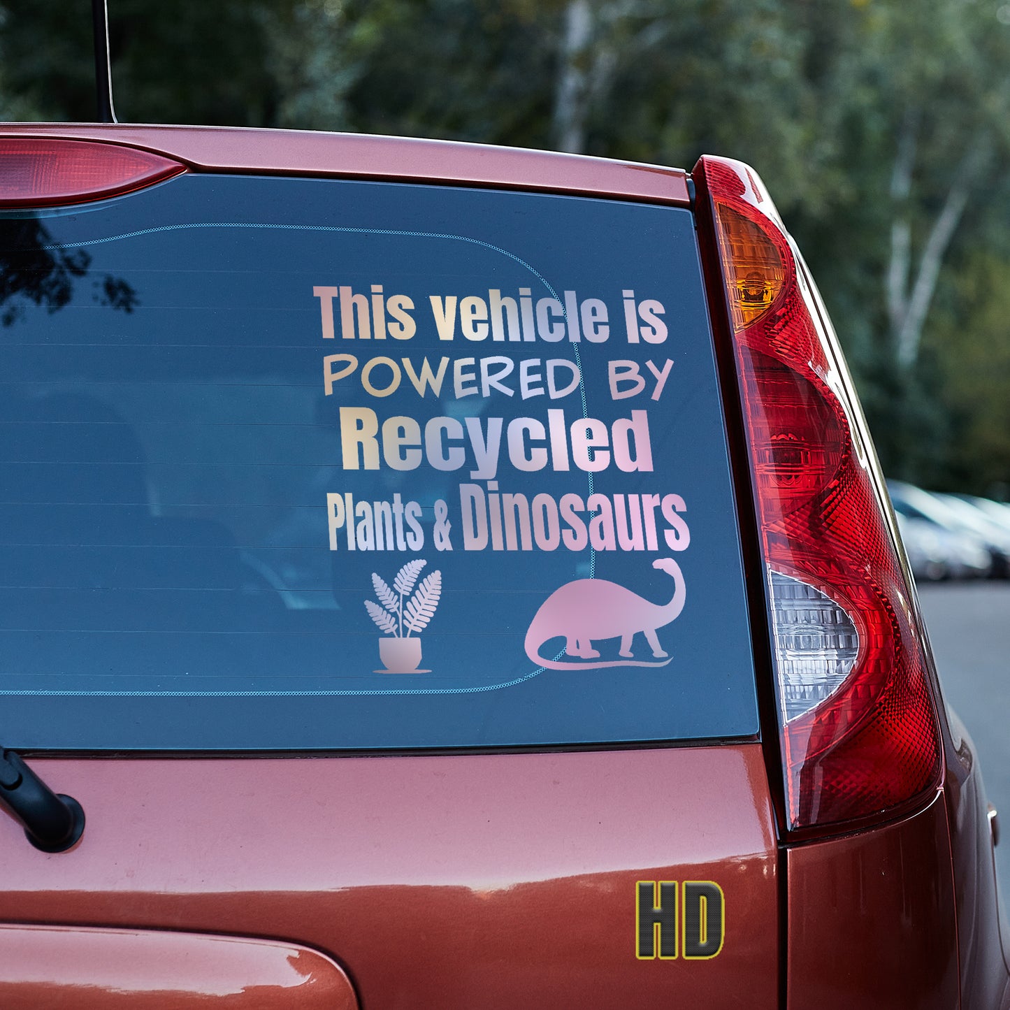 This vehicle is powered by recycled plants and dinosaurs Vinyl decal Anti-EV decal stickers Decals for cars Decals for Trucks decals for tumblers dinosaur dinosaurs EV Green vehicle minivan sticker recycle SUV decals tesla truck decals window decal car Window decals window decor