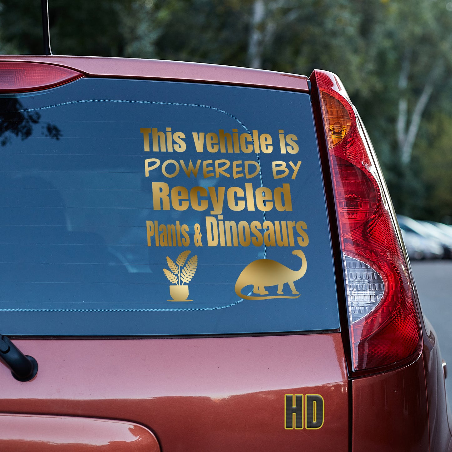 This vehicle is powered by recycled plants and dinosaurs Vinyl decal Anti-EV decal stickers Decals for cars Decals for Trucks decals for tumblers dinosaur dinosaurs EV Green vehicle minivan sticker recycle SUV decals tesla truck decals window decal car Window decals window decor