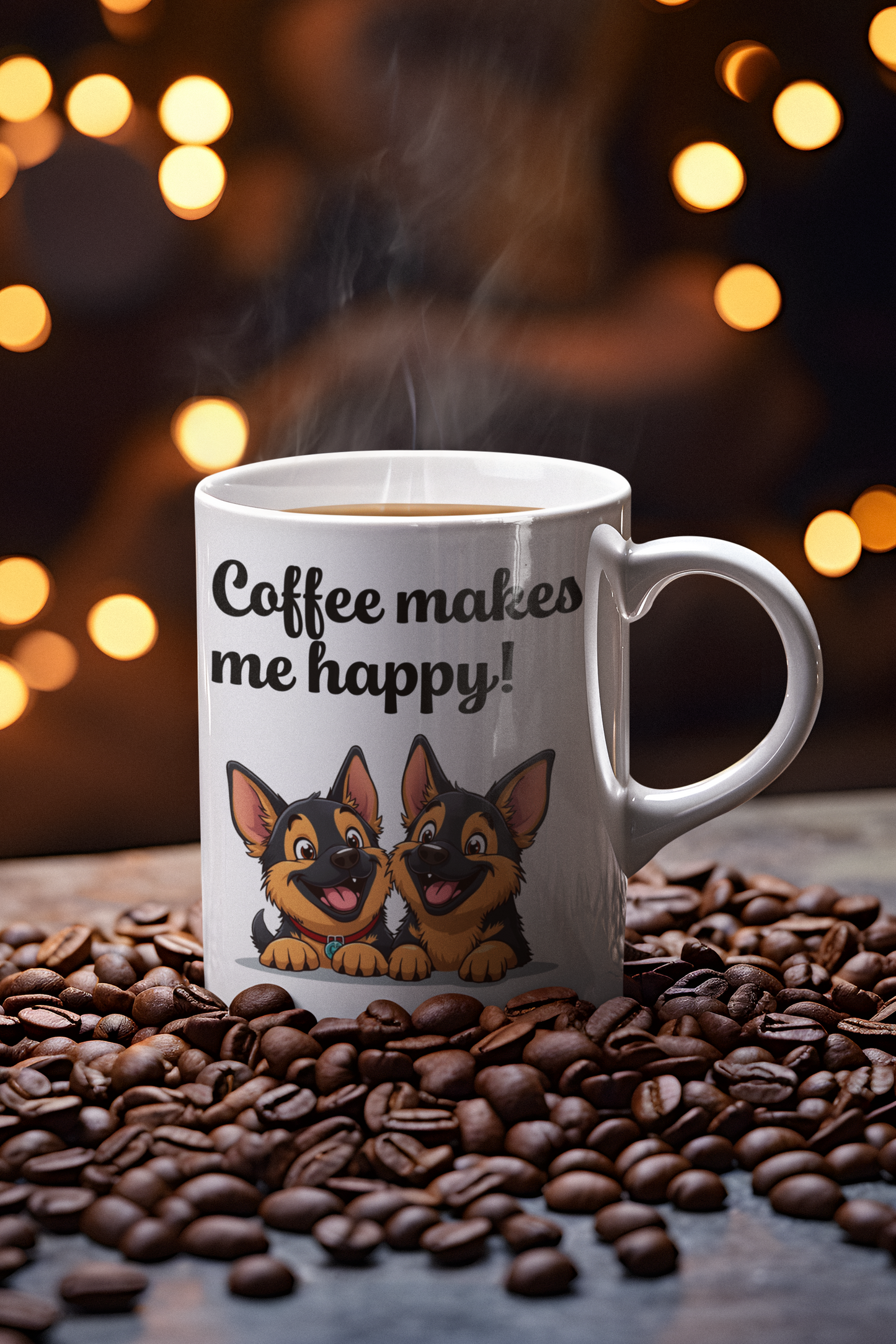 2 happy German Shepherd puppies Coffee makes me happy mug All Caffeine Christmas gift Coffee Time Dog Dog Lover Dog Owner German Shepherd gift for mom gift for wife Java Mocha Police Dog Shepherd stocking stuffer