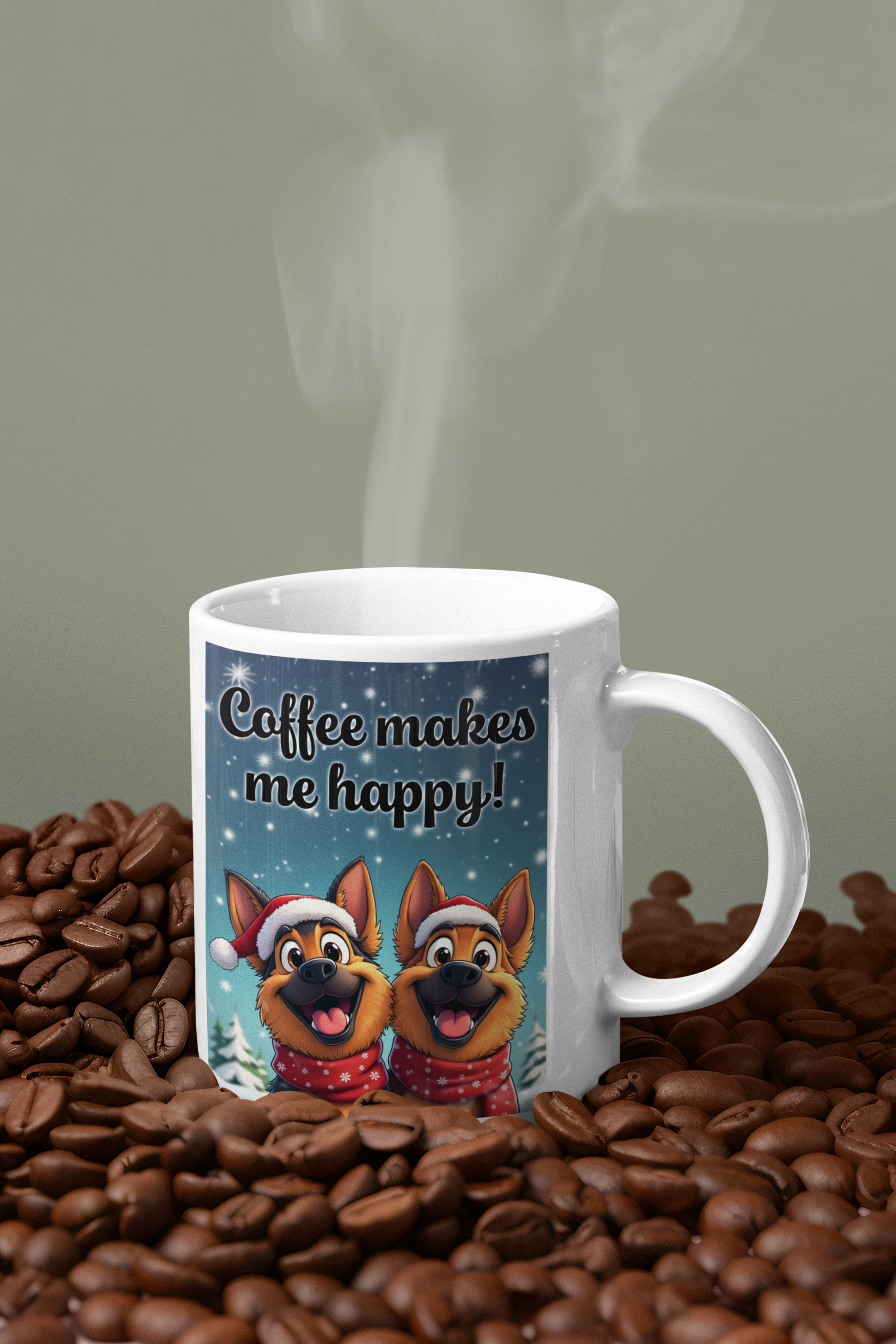 2 happy German Shepherd dogs Coffee makes me happy mug Christmas Edition All Caffeine Christmas gift Coffee Time Dog Dog Lover Dog Owner German Shepherd gift for mom gift for wife Java Mocha Police Dog Shepherd stocking stuffer