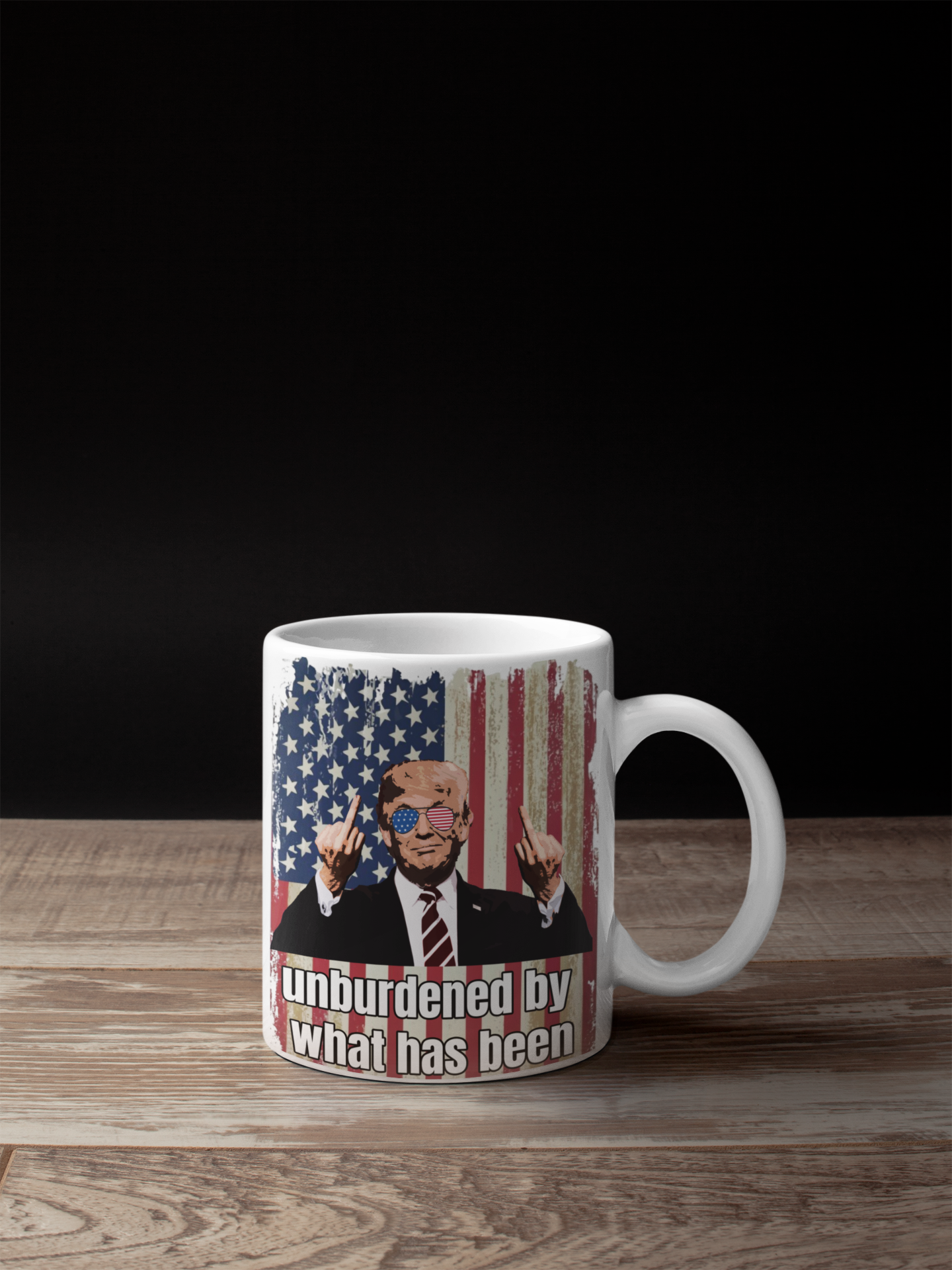 Unburdened by what has been white glossy mug Caffeine Coffee Time decaf Donald Trump Java maga Trump Trump 2024