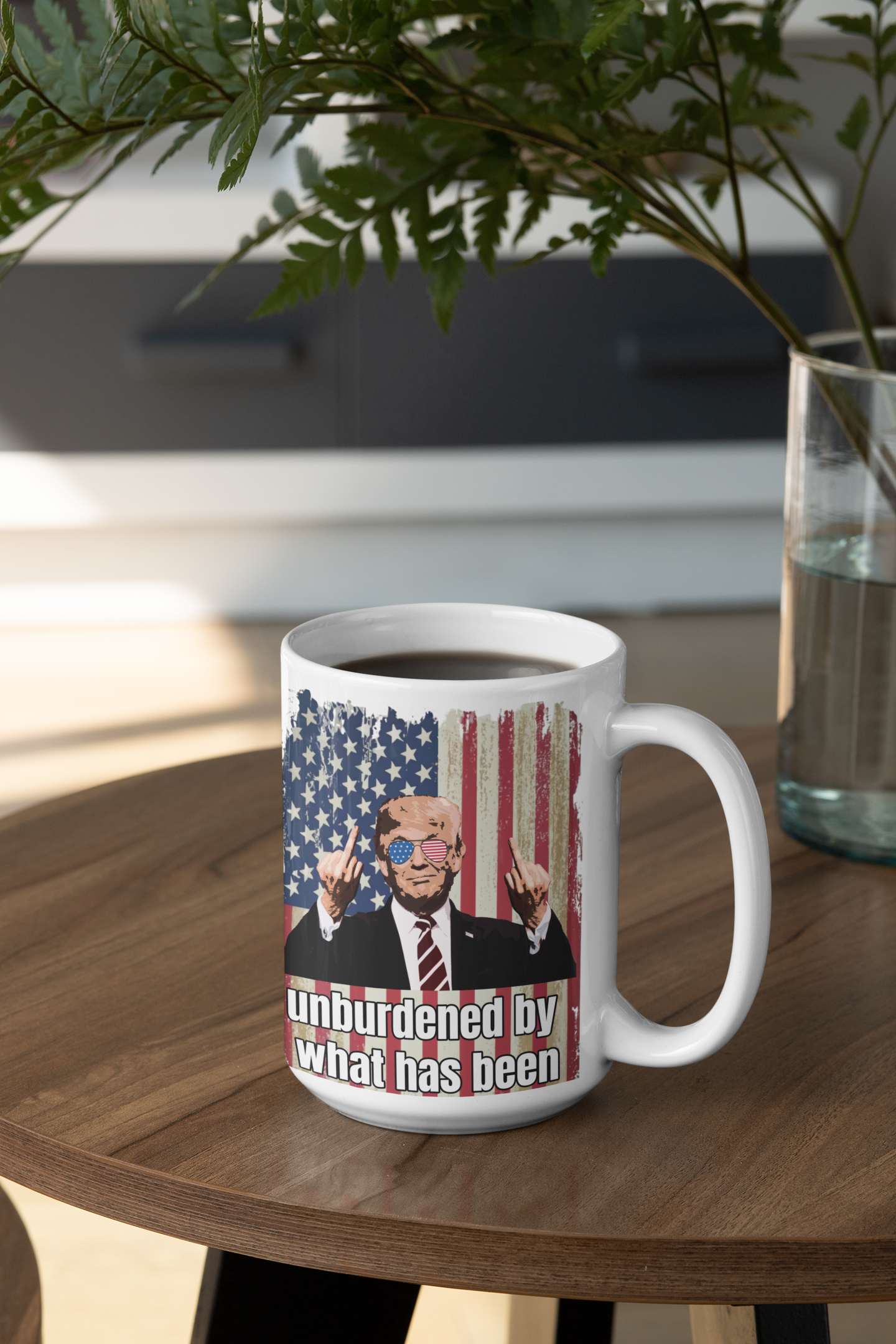 Unburdened by what has been white glossy mug Caffeine Coffee Time decaf Donald Trump Java maga Trump Trump 2024