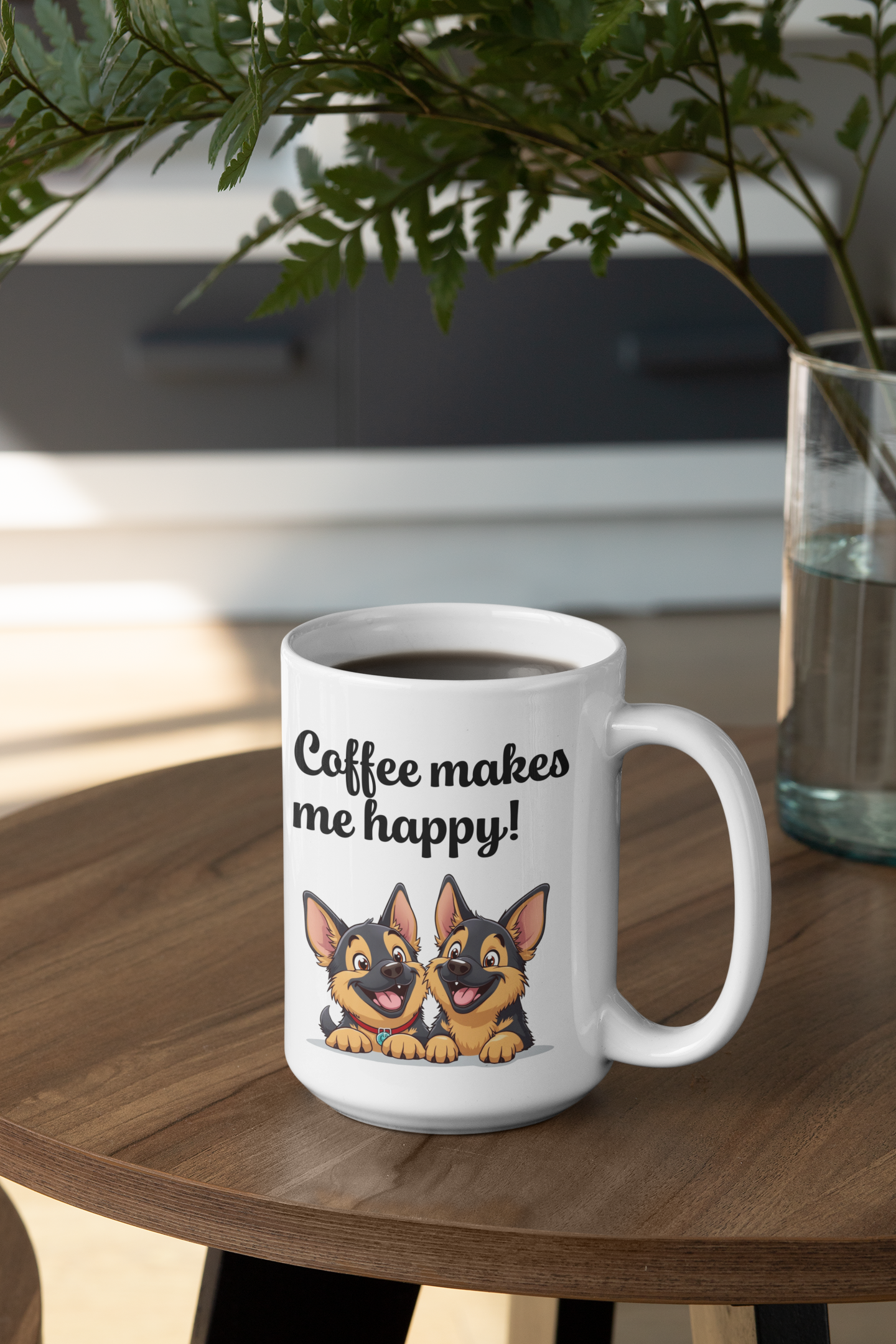 2 happy German Shepherd puppies Coffee makes me happy mug All Caffeine Christmas gift Coffee Time Dog Dog Lover Dog Owner German Shepherd gift for mom gift for wife Java Mocha Police Dog Shepherd stocking stuffer