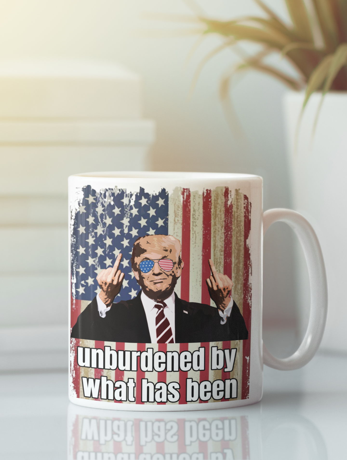 Unburdened by what has been white glossy mug Caffeine Coffee Time decaf Donald Trump Java maga Trump Trump 2024