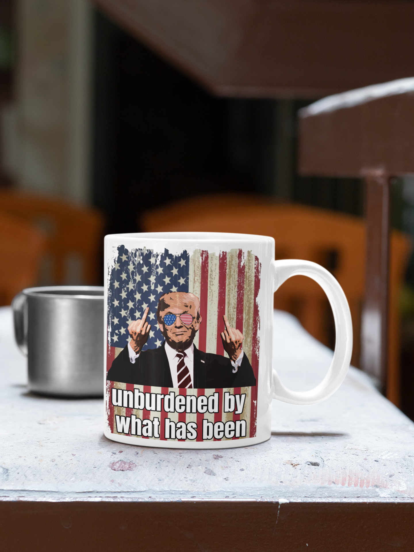 Unburdened by what has been white glossy mug Caffeine Coffee Time decaf Donald Trump Java maga Trump Trump 2024