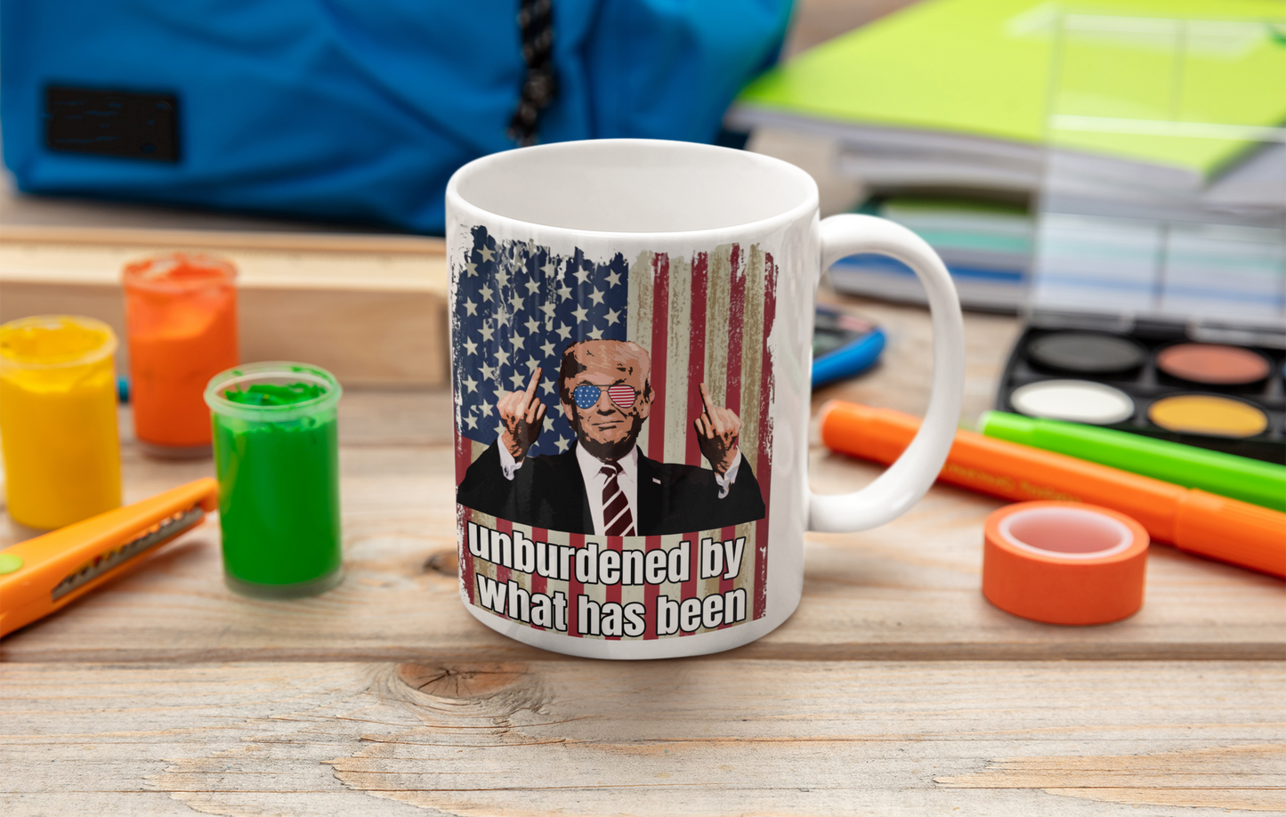 Unburdened by what has been white glossy mug Caffeine Coffee Time decaf Donald Trump Java maga Trump Trump 2024