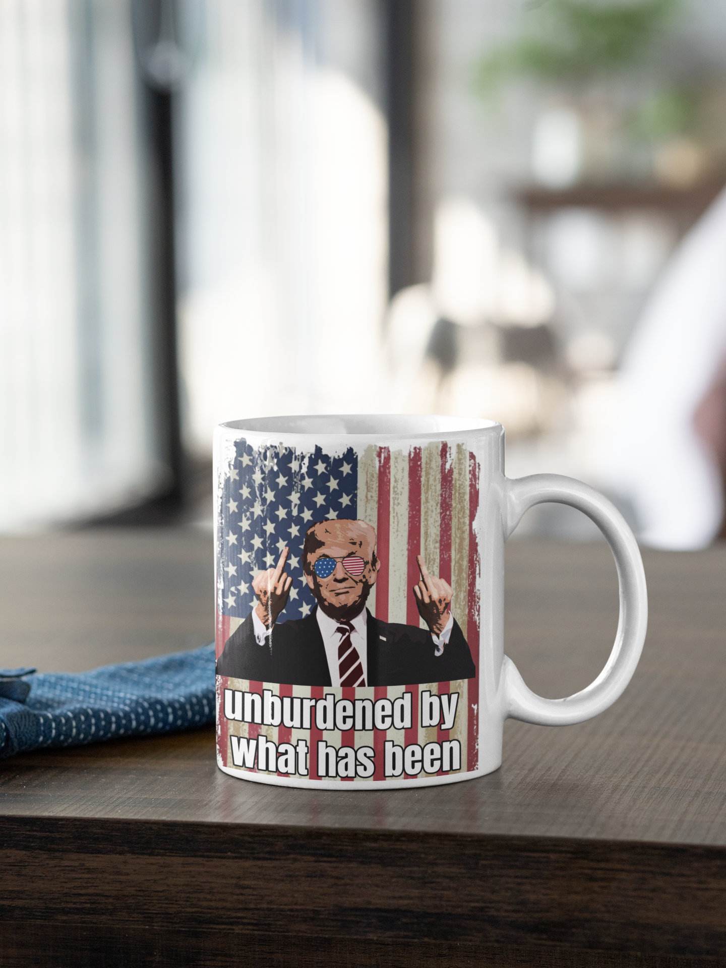 Unburdened by what has been white glossy mug Caffeine Coffee Time decaf Donald Trump Java maga Trump Trump 2024