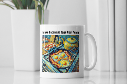 Make bacon and eggs great again white glossy mug All bacon bacon and coffeee Bacon and Eggs bacon awareness bacon nation Caffeine carnivore carnivore bacon Coffee Time Everything is better with bacon gift for mom gift for wife I Love Bacon Java Mocha stocking stuffer