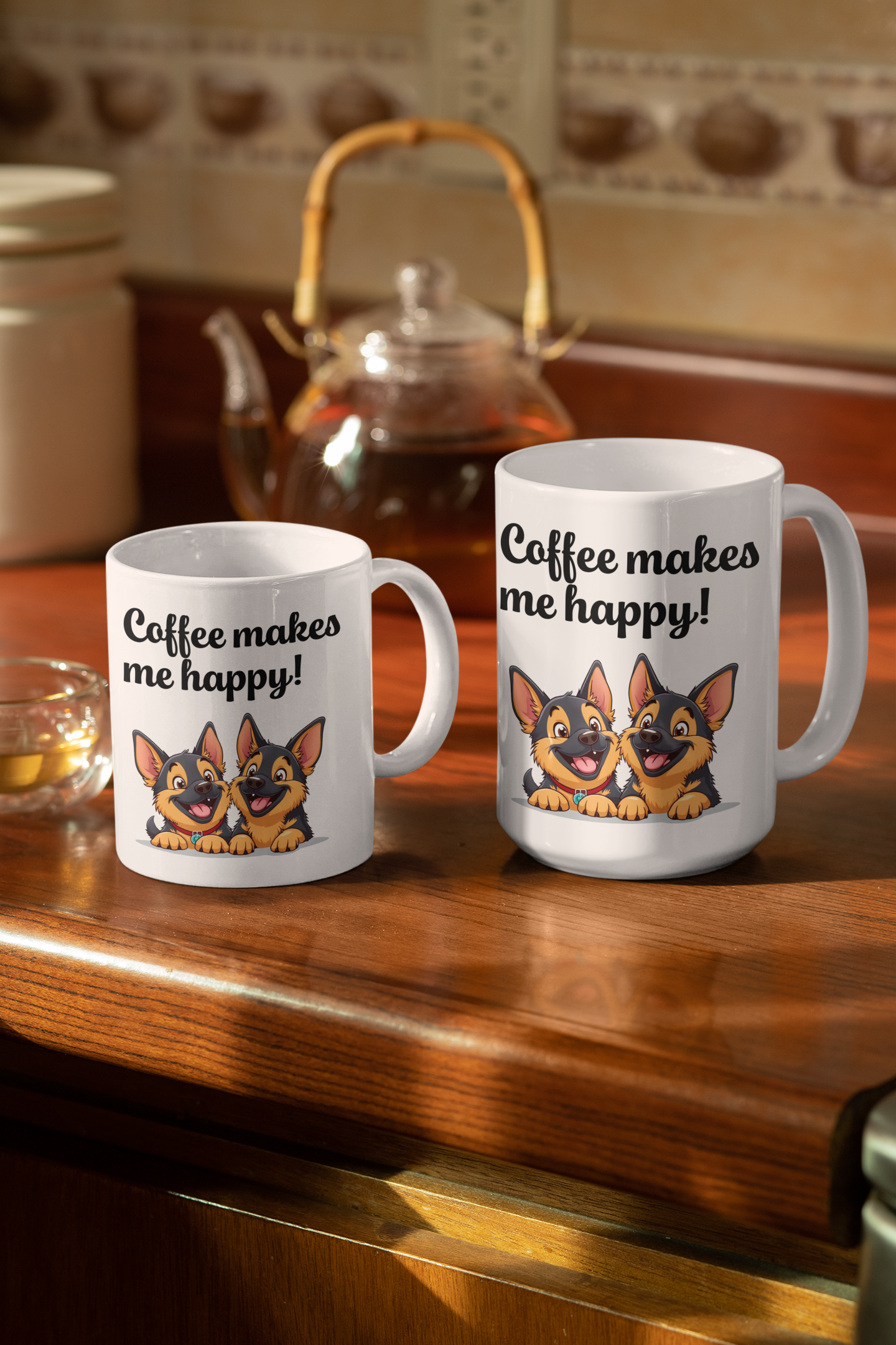 2 happy German Shepherd puppies Coffee makes me happy mug All Caffeine Christmas gift Coffee Time Dog Dog Lover Dog Owner German Shepherd gift for mom gift for wife Java Mocha Police Dog Shepherd stocking stuffer